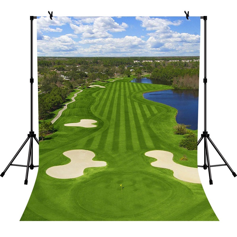 LYLYCTY 5x7ft Golf Course Backdrop Blue Sky White Clouds and Bunker Green Grass Backgrounds for Photography LYZY0798 - Image 1
